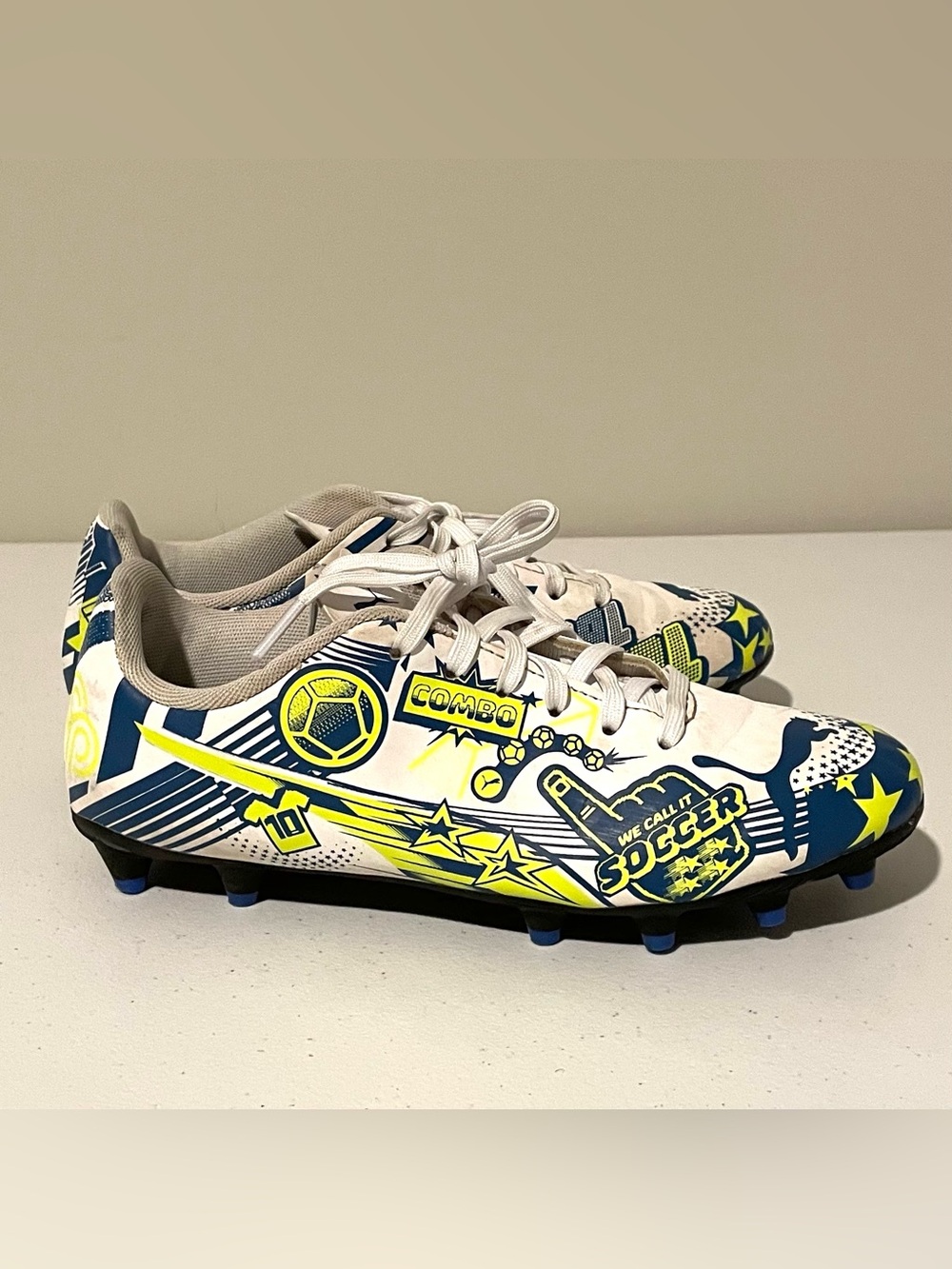 Puma Ultra Boys Size 4 Soccer Cleats White Yellow Blue